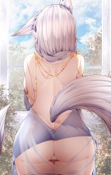 Rule 34 | 1girl, absurdres, ass, azur lane, back, backboob, backless dress, backless outfit, blue dress, blue sky, branch, breasts, cameltoe, cloud, day, dress, facing away, from behind, highres, panties, samip, shinano (azur lane), shoulder blades, sky, solo, standing, symbol-only commentary, tail, thighs, tree, underwear, white hair, white panties, white tail, window