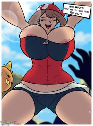 Rule 34 | absurdres, bandana, bike shorts, breasts, brown hair, chickpea (infernalperson), cleavage, closed eyes, creatures (company), english text, first person view, game freak, gen 3 pokemon, highres, large breasts, may (pokemon), nintendo, nipple slip, nipples, pokemon, pokemon rse, pov, red bandana, silenttandem, thighs, torchic