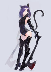 Rule 34 | 1girl, animal ears, axe, blood, blue eyes, boots, dual wielding, elbow gloves, gloves, hair over one eye, holding, original, pump (pumpqmuq), purple hair, solo, tail, thigh boots, thighhighs, weapon