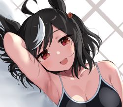 Rule 34 | 1girl, :d, ahoge, animal ears, arm up, armpits, backlighting, bed sheet, black hair, black one-piece swimsuit, blush, breasts, cleavage, collarbone, competition swimsuit, dutch angle, highres, horse ears, indoors, kitasan black (umamusume), looking at viewer, lying, maruzen18, medium breasts, multicolored hair, on bed, on side, one-piece swimsuit, one side up, open mouth, red eyes, short hair, smile, solo, streaked hair, swept bangs, swimsuit, two-tone hair, umamusume, upper body, white hair, window