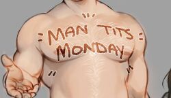 Rule 34 | 1boy, aliiwa, bara, body writing, head out of frame, highres, image macro (meme), large pectorals, male focus, meme, muscular, muscular male, nipples, offering hand, original, pectorals, solo, thick chest hair, thick navel hair, upper body