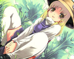 Rule 34 | 1girl, artist request, blonde hair, blush, dress, grass, open mouth, purple dress, pyonta, source request, squatting, touhou, yellow eyes