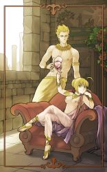 Rule 34 | 10s, 1boy, 1girl, agathaxe, ahoge, alcohol, ancient, anklet, armchair, armlet, babylon, blonde hair, bra, bracelet, breasts, chair, couch, crossed legs, cup, drinking glass, earrings, fate/extra, fate/zero, fate (series), full body, gilgamesh (fate), greco-roman clothes, green eyes, high heels, highres, jewelry, medium breasts, necklace, nero claudius (fate), nero claudius (fate) (all), nero claudius (fate/extra), nipples, open shoes, red eyes, roman clothes, sandals, shoes, short hair, sitting, smile, toga, topfreedom, topless, underwear, wine, wine glass