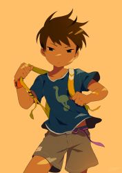 Rule 34 | 1boy, backpack, bag, bandaid, belt, brown hair, child, closed mouth, cowboy shot, holding strap, male focus, noeyebrow (mauve), original, serious, shirt, shorts, signature, simple background, t-shirt, tsurime, wristband, yellow background