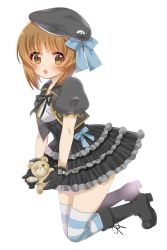 Rule 34 | 1girl, beret, black dress, black footwear, black gloves, black jacket, blue bow, blue thighhighs, blush, boko (girls und panzer), boots, bow, brown eyes, brown hair, commentary request, cross-laced footwear, dress, emblem, frilled dress, frills, full body, girls und panzer, gloves, gothic lolita, hat, hat bow, holding, holding stuffed toy, idol, jacket, japanese tankery league (emblem), kneeling, kumasawa (dkdkr), lace-up boots, light blush, lolita fashion, looking at viewer, nishizumi miho, open mouth, puffy short sleeves, puffy sleeves, short dress, short hair, short sleeves, simple background, smile, solo, stuffed animal, stuffed toy, teddy bear, thighhighs, white background