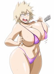 Rule 34 | 1girl, absurdres, annoyed, areola slip, ass, bakugou mitsuki, bikini, bikini pull, blonde hair, boku no hero academia, breasts, clothes pull, covered erect nipples, curvy, grimphantom, highres, huge ass, huge breasts, jiggle, micro bikini, mature female, navel, open mouth, plump, pulling at clothes, red eyes, short hair, spiked hair, sweat, sweatdrop, swimsuit, thick thighs, thighs, thong bikini, white background, wide hips
