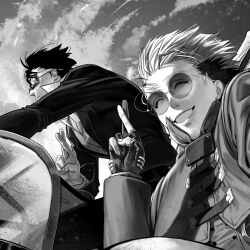 Rule 34 | 2boys, cloud, crossed fingers, driving, earrings, floating hair, gloves, goggles, greyscale, hand up, highres, jacket, jewelry, light particles, long sleeves, male focus, meryl stryfe, mole, mole under eye, monochrome, motor vehicle, multicolored hair, multiple boys, partially fingerless gloves, round eyewear, sky, smile, sunglasses, trigun, trigunzf, two-tone hair, vash the stampede, wind