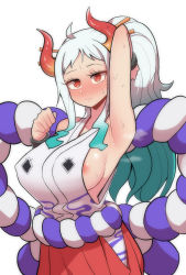 Rule 34 | 1girl, @ @, absurdres, ahoge, arm up, armpits, blush, breasts, closed mouth, creeeen jjang, cuffs, curled horns, embarrassed, green hair, grey hair, hair ornament, hair stick, hand up, high ponytail, highres, horns, japanese clothes, kimono, large breasts, long hair, looking at viewer, multicolored hair, multicolored horns, nipple slip, nipples, no bra, nose blush, one piece, oni, red eyes, red horns, rope, shackles, shimenawa, sideboob, simple background, sleeveless, sleeveless kimono, solo, sweat, two-tone hair, white background, yamato (one piece), yellow horns