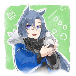 Rule 34 | 1girl, :d, animal ears, arknights, black-framed eyewear, black scarf, blue eyes, blue hair, blue jacket, blue nails, coffee cup, cropped torso, cup, disposable cup, e-bushi, fang (arknights), fang (cruciata) (arknights), glasses, hair between eyes, highres, holding, holding cup, jacket, long sleeves, nail polish, open mouth, parted bangs, puffy long sleeves, puffy sleeves, scarf, semi-rimless eyewear, sleeves past wrists, smile, solo, under-rim eyewear, upper body