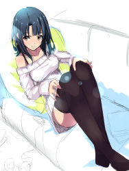 Rule 34 | 10s, 1girl, alternate costume, bare shoulders, black hair, black thighhighs, breasts, highres, kantai collection, looking to the side, mistrail, off-shoulder, off-shoulder sweater, off shoulder, red eyes, short hair, sitting, smile, solo, sweater, takao (kancolle), thighhighs, thighs, zettai ryouiki