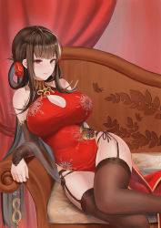 Rule 34 | 1girl, bare shoulders, breasts, brown hair, china dress, chinese clothes, chinese commentary, cleavage, cleavage cutout, clothing cutout, commentary request, couch, curvy, dress, dsr-50 (girls&#039; frontline), dsr-50 (red peony) (girls&#039; frontline), elbow gloves, fingerless gloves, flower, garter belt, garter straps, girls&#039; frontline, gloves, hair flower, hair ornament, hair rings, large breasts, official alternate costume, olin (nienxddd), panties, reclining, red eyes, side-tie panties, solo, thighhighs, underwear, wide hips