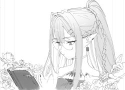 1girl baobhan_sith_(fate) baobhan_sith_(swimsuit_pretender)_(fate) baobhan_sith_(swimsuit_pretender)_(second_ascension)_(fate) book braid earrings fate/grand_order fate_(series) glasses grey_eyes greyscale highres ikezawa_shin jewelry long_hair monochrome pointy_ears ponytail reading round_eyewear shirt sidelocks solo