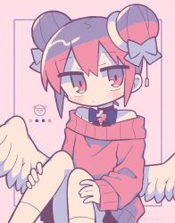 Rule 34 | 1girl, angel, angel wings, bare shoulders, black bow, black choker, blue bow, blush stickers, bow, bow choker, chibi, choker, closed mouth, collarbone, datenshi-chan (nanawo akari), double bun, expressionless, feathered wings, hair bow, hair bun, hands on own legs, highres, indie utaite, jitome, looking to the side, nanawo akari, off-shoulder sweater, off shoulder, pink background, pink eyes, pink hair, pink sweater, pull cord, richard (richaball), short hair, sitting, sleeves past wrists, solo, sweater, white wings, wings