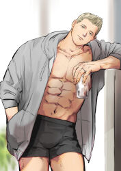 Rule 34 | 1boy, abs, bara, black male underwear, boxer briefs, brown hair, closed mouth, cup, grey jacket, highres, holding, holding cup, hood, hood down, hooded jacket, jacket, kuconoms, large pectorals, male focus, male underwear, muscular, muscular male, navel, open clothes, open jacket, pectorals, piers nivans, resident evil, resident evil 6, short hair, smile, solo, underwear