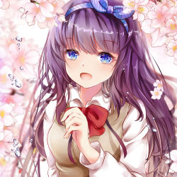 Rule 34 | 1girl, :d, blue eyes, blue ribbon, blurry, blush, bow, bowtie, breasts, brown vest, collared shirt, crying, crying with eyes open, depth of field, flower, hairband, hand up, highres, long hair, long sleeves, looking at viewer, medium breasts, mutang, open mouth, original, purple hair, red bow, red bowtie, ribbon, school uniform, shirt, smile, solo, striped, tears, upper body, vest, water drop, white flower, white shirt