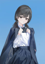 Rule 34 | 1girl, black hair, blue background, blue bow, blue bowtie, blue jacket, blue skirt, blush, bow, bowtie, collared shirt, commentary request, dress shirt, grey eyes, hands up, highres, jacket, jacket on shoulders, long hair, long sleeves, looking at viewer, original, parted lips, plaid, plaid bow, plaid bowtie, plaid neckwear, pleated skirt, quarter 1404, school uniform, shirt, simple background, skirt, sky, solo, twintails, white shirt