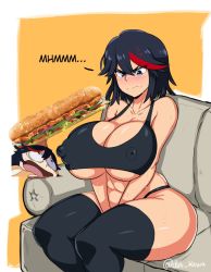 Rule 34 | 1girl, angry, black hair, blue eyes, blush, breasts, cleavage, covered erect nipples, curvy, duo kawa, food, huge breasts, kill la kill, matoi ryuuko, multicolored hair, red hair, sandwich, sitting, solo, sweat, thick thighs, thighhighs, thighs, third-party edit, wide hips