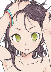 Rule 34 | 1girl, armpits, bangle, bracelet, character request, close-up, collarbone, copyright request, eyebrows, eyelashes, flat chest, forehead, hatching (texture), highres, jewelry, looking at viewer, lower teeth only, messy hair, short eyebrows, simple background, sketch, solo, teeth, upper body, white background, yamamoto souichirou, yellow eyes