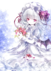 Rule 34 | 1girl, albino, alternate costume, alternate hair length, alternate hairstyle, bat wings, black wings, blush, bouquet, bow, buttons, curly hair, dress, flower, frills, hat, himemurasaki, holding, holding flower, long dress, long hair, low wings, mob cap, pale skin, petals, red eyes, remilia scarlet, ribbon, slit pupils, solo, touhou, white bow, white dress, wings, wrist cuffs