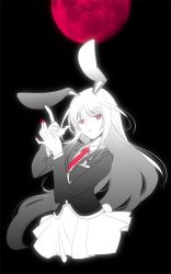Rule 34 | 1girl, animal ears, blazer, finger gun, full moon, jacket, long hair, looking at viewer, moon, nail polish, necktie, open mouth, rabbit ears, red eyes, red moon, reisen udongein inaba, skirt, solo, spot color, touhou, tydk, upper body, very long hair