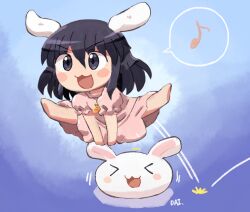 Rule 34 | &gt; &lt;, 1girl, :3, alternate eye color, animal ears, barefoot, black eyes, black hair, blue background, blush, carrot necklace, chibi, closed eyes, commentary request, dress, floppy ears, frilled sleeves, frills, full body, inaba tewi, jewelry, jumping, leap frog, musical note, necklace, open mouth, pink dress, puffy short sleeves, puffy sleeves, rabbit, rabbit ears, rabbit girl, rokugou daisuke, short hair, short sleeves, smile, solo, spoken musical note, touhou, v-shaped eyebrows