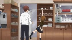 Rule 34 | 1boy, 1girl, animated, apron, blush, breasts, brown hair, employee uniform, glasses, high ponytail, large breasts, long hair, looking at another, ponytail, short hair, size difference, sweat, taneshima popura, uniform, very long hair, video, working!!