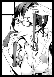 Rule 34 | 00s, 1girl, black border, border, breasts, circle cut, cleavage, evangelion: 2.0 you can (not) advance, glasses, greyscale, hairband, hobo nooto, large breasts, leaning forward, makinami mari illustrious, md5 mismatch, monochrome, necktie, neon genesis evangelion, rebuild of evangelion, school uniform, shirt, so note, solo, taut clothes, taut shirt, untied