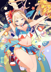 Rule 34 | 1girl, ahoge, arm behind head, asymmetrical clothes, baton, blonde hair, blue eyes, blush, breasts, center opening, cheerleader, cleavage, clothes lift, colored eyelashes, crop top, crop top overhang, elbow gloves, fingerless gloves, gloves, hair ribbon, heart, heart ahoge, highres, jumping, kaku-san-sei million arthur, large breasts, legs up, long hair, looking at viewer, m/, marble, midriff, million arthur (series), navel, open mouth, outstretched arm, pleated skirt, pom pom (cheerleading), ribbon, selenoring, shoes, skirt, skirt lift, smile, sneakers, socks, solo, star (symbol), striped clothes, striped socks, twintails, wand, wind, wind lift, zipper
