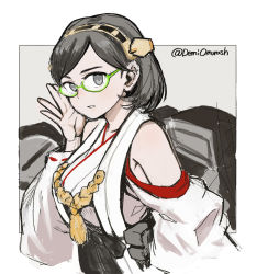 Rule 34 | 1girl, black eyes, black hair, breasts, detached sleeves, glasses, green-framed eyewear, headgear, japanese clothes, kantai collection, kirishima (kancolle), large breasts, nontraditional miko, omuraashu, ribbon-trimmed sleeves, ribbon trim, rigging, short hair, simple background, skirt, solo, twitter username, two-tone background, upper body