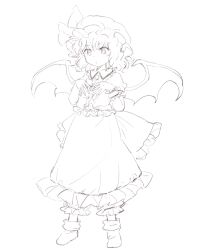 Rule 34 | 1girl, bat wings, bow, center frills, closed mouth, collared shirt, commentary request, frilled skirt, frills, full body, hands up, hat, highres, mob cap, naegi (naegidokoro), no shoes, puffy short sleeves, puffy sleeves, remilia scarlet, shirt, short sleeves, simple background, skirt, socks, solo, standing, touhou, white background, wings, wrist cuffs