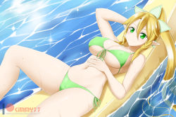 Rule 34 | 1girl, bare shoulders, bikini, blonde hair, blush, braid, breasts, cleavage, closed mouth, covered erect nipples, dutch angle, elf, front-tie top, green bikini, green eyes, hair between eyes, inflatable raft, kimmy77, large breasts, leafa, long hair, looking at viewer, lying, navel, on back, pointy ears, ponytail, shiny skin, side-tie bikini bottom, side braid, smile, solo, swimsuit, sword art online, twin braids, very long hair, water, wet