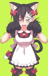 Rule 34 | 1girl, animal ear fluff, animal ears, animal hands, apron, asymmetrical bangs, bell, black dress, black eyes, black hair, black thighhighs, bow, bow legwear, bowtie, breasts, bright pupils, cat ears, cat paws, cat tail, chainsaw man, commentary, crying, dress, english commentary, fake animal ears, fangs, feet out of frame, flying sweatdrops, frilled apron, frills, furrowed brow, green background, hair between eyes, hair bow, hair ornament, hairclip, hands up, higashiyama kobeni, highres, inkerton-kun, jingle bell, long hair, looking at viewer, maid, mole, mole on cheek, open mouth, red bow, red bowtie, short dress, short sleeves, simple background, small breasts, solo, sweat, tail, tail bow, tail ornament, teeth, thighhighs, trembling, upper teeth only, white apron, white pupils, zettai ryouiki