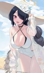 Rule 34 | 1girl, black choker, black hair, blue archive, blush, breasts, choker, cleavage, collarbone, cowboy shot, flower, halo, hat, hat flower, highres, hinata (blue archive), hinata (swimsuit) (blue archive), large breasts, long braid, long hair, looking at viewer, natu (natu sod), official alternate costume, open mouth, red eyes, smile, solo, sun hat, white flower