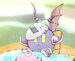 Rule 34 | armor, bat wings, blurry, blurry background, blush, cake, car-mouth cake, chair, cherry, commentary request, eating, food, fork, fruit, gauntlets, gloves, holding, holding fork, insignia, kirby (series), kirby and the forgotten land, mask, mask on head, meta knight, neironyshino, nintendo, no humans, shoulder armor, sitting, solo, table, tablecloth, trembling, wings, yellow eyes