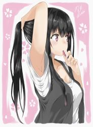 Rule 34 | 1girl, absurdres, adjusting hair, amu (258shin), arm up, armpit peek, armpits, breasts, cleavage, collarbone, commentary request, cowboy shot, from side, hair ornament, hair tie, hairclip, highres, long hair, looking away, medium breasts, mouth hold, original, pink eyes, ponytail, signature, solo, twitter username, upper body, vest