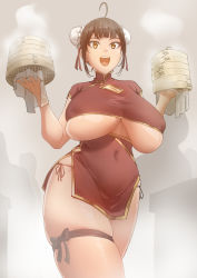 Rule 34 | 1girl, :d, breasts, brown eyes, brown hair, bun cover, bursting breasts, china dress, chinese clothes, cleavage cutout, clothing cutout, covered navel, curvy, double bun, dress, hair bun, highres, holding, large breasts, microdress, open mouth, original, panties, pelvic curtain, plump, red dress, ribbon, short dress, short hair, side-tie panties, side slit, sleeveless, sleeveless dress, smile, soia180, solo, standing, steam, teeth, thigh strap, underboob, undersized clothes, underwear, upper teeth only