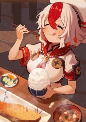 Rule 34 | 1girl, absurdres, beret, blush, bowl, breasts, buttons, chopsticks, closed eyes, closed mouth, commentary, cropped shirt, dated commentary, english commentary, facing up, fish (food), food, food on face, greentanuki, grilled fish, hair between eyes, hand up, hat, highres, holding, holding bowl, holding chopsticks, indoors, large breasts, licking lips, medium hair, multicolored hair, neckerchief, nina (greentanuki), orange hair, original, pouch, red hair, red neckerchief, rice bowl, shirt, short sleeves, smile, solo, streaked hair, table, tongue, tongue out, white hair, white hat, white shirt