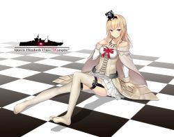 Rule 34 | 10s, 1girl, blonde hair, blue eyes, braid, checkered floor, crown, dress, feet, french braid, garter straps, hairband, jewelry, kantai collection, long hair, mini crown, necklace, sitting, solo, thighhighs, warspite (kancolle), yuyu (yuyuworks)