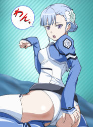 Rule 34 | 10s, 1girl, ass, bad id, bad pixiv id, banboro (technobot), blue hair, boots, fin e ld si laffinty, from behind, hand on own ass, looking at viewer, looking back, open mouth, panties, paw pose, purple eyes, rinne no lagrange, short hair, sitting, sleeves past wrists, solo, underwear, white panties