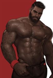 Rule 34 | 1boy, abs, bara, beard, brown pants, bulge, check copyright, chest tattoo, clothes pull, copyright request, cowboy shot, dark-skinned male, dark skin, dopey (dopq), facial hair, highres, large pectorals, looking at viewer, male focus, mature male, muscular, muscular male, mustache, navel, navel hair, nipples, original, pants, pants pull, pectorals, pubic hair, pubic hair peek, pulling own clothes, short hair, solo, stomach, tattoo, thick eyebrows, topless male, very dark skin