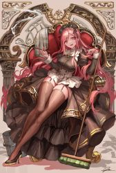 Rule 34 | 1girl, black footwear, broom, brown thighhighs, chair, commentary request, eyelashes, frills, garter straps, hands up, high heels, highres, holding, long hair, long sleeves, looking at viewer, maid, okuma mai, open mouth, original, pink hair, red eyes, sitting, smoke, solo, teeth, thighhighs, tongue, very long hair