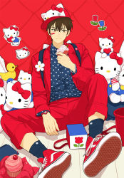 Rule 34 | 1boy, ace of diamond, backpack, bag, bandaid, bandaid on cheek, bandaid on face, baseball cap, blue shirt, brown eyes, brown hair, closed mouth, cupcake, food, food on face, hat, hello kitty, hello kitty (character), hello kitty print, highres, holding, holding food, jacket, male focus, open clothes, open jacket, pants, pants rolled up, pink jacket, pink pants, sanrio, sawamura eijun, shirt, short hair, sitting, solo, stuffed toy, twoframe, watch, wristwatch