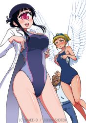 Rule 34 | &gt;:&lt;, 1boy, 2girls, :&lt;, :d, ahoge, angel, angel wings, artist name, bare arms, bare shoulders, black hair, blonde hair, blouse, blue pants, blue shirt, blush, breast envy, breasts, closed mouth, competition school swimsuit, competition swimsuit, cyclops, feathered wings, frown, gluteal fold, goggles, goggles on head, hair bun, hands up, hitomi sensei no hokenshitsu, holding, knees together feet apart, lab coat, large breasts, looking at viewer, manaka hitomi, moji yuuki, multiple girls, one-eyed, one-piece swimsuit, open mouth, pants, pink eyes, ponytail, school swimsuit, shake-o, shirt, sidelocks, simple background, single hair bun, small breasts, smile, standing, stopwatch, swimsuit, tobita hina, undressing, v-shaped eyebrows, watch, watermark, waving, white background, wings