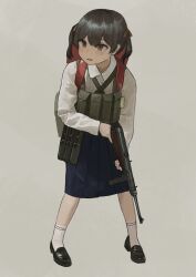 Rule 34 | 1girl, absurdres, ammunition pouch, backpack, bag, black footwear, black hair, blue skirt, chest rig, dog tags, garoppui, gun, hair ribbon, highres, loafers, looking to the side, mp40, open mouth, original, pleated skirt, pouch, randoseru, ribbon, school uniform, shirt, shoes, short twintails, simple background, skirt, socks, striped clothes, striped socks, submachine gun, sweatdrop, twintails, weapon, white shirt, white socks