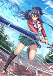 Rule 34 | 1girl, absurdly long hair, adsouto, blue hair, boots, breasts, commentary, cross-laced footwear, eiyuu densetsu, falcom, highres, holding, holding sword, holding weapon, lace-up boots, laura s. arseid, long hair, long sleeves, looking at viewer, medium breasts, ponytail, ribbon, sen no kiseki, shirt, sword, thighhighs, very long hair, weapon, yellow eyes