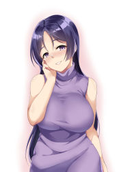 Rule 34 | 1girl, arm at side, bad id, bad pixiv id, bare shoulders, blush, breasts, commentary request, fate (series), hand on own face, head tilt, highres, large breasts, long hair, looking at viewer, minamoto no raikou (fate), parted bangs, parted lips, purple eyes, simple background, sleeveless, sleeveless turtleneck, smile, solo, spicy moo, standing, sweater, teeth, turtleneck, turtleneck sweater, very long hair