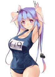 Rule 34 | 1girl, armpits, arms behind head, artist name, blue hair, breasts, cowboy shot, dated, flower-shaped pupils, hair between eyes, hair ribbon, highres, i-19 (kancolle), kantai collection, large breasts, long hair, looking at viewer, name tag, neckerchief, one-piece swimsuit, owa (ishtail), red eyes, ribbon, school swimsuit, simple background, smile, solo, swimsuit, symbol-shaped pupils, tri tails, white background