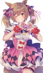 Rule 34 | 1girl, 24mbb, animal ears, blush, bow, breasts, brown eyes, brown hair, center frills, commentary request, cowboy shot, dress, frilled dress, frills, grin, hair between eyes, hair bow, heart, heart hands, highres, horse ears, horse girl, horse tail, looking at viewer, medium breasts, one eye closed, pink dress, puffy short sleeves, puffy sleeves, red bow, scrunchie, short sleeves, simple background, smart falcon (umamusume), smile, solo, tail, teeth, thigh strap, twintails, umamusume, white background, wrist scrunchie