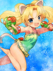 Rule 34 | &gt;:d, 1girl, :d, absurdres, animal ears, bangle, barefoot, blonde hair, blue background, blue eyes, bracelet, casual one-piece swimsuit, cat ears, cat tail, child, dual wielding, fang, frilled swimsuit, frills, from side, green one-piece swimsuit, hairband, highres, holding, jewelpet (series), jewelpet twinkle, jewelry, miria marigold mackenzie, nyama, one-piece swimsuit, open mouth, red hairband, smile, solo, swimsuit, tail, twintails, v-shaped eyebrows, water gun