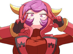 Rule 34 | 1girl, blush, bob cut, breasts, closed mouth, courtney (pokemon), creatures (company), dot mouth, dot nose, double v, eyelashes, fake horns, from below, game freak, gloves, highres, hood, hood up, horned headwear, horned hood, horns, kurachi mizuki, large breasts, looking at viewer, looking down, nintendo, pokemon, pokemon rse, purple eyes, purple hair, ribbed sweater, sweater, team magma, team magma uniform, upper body, v